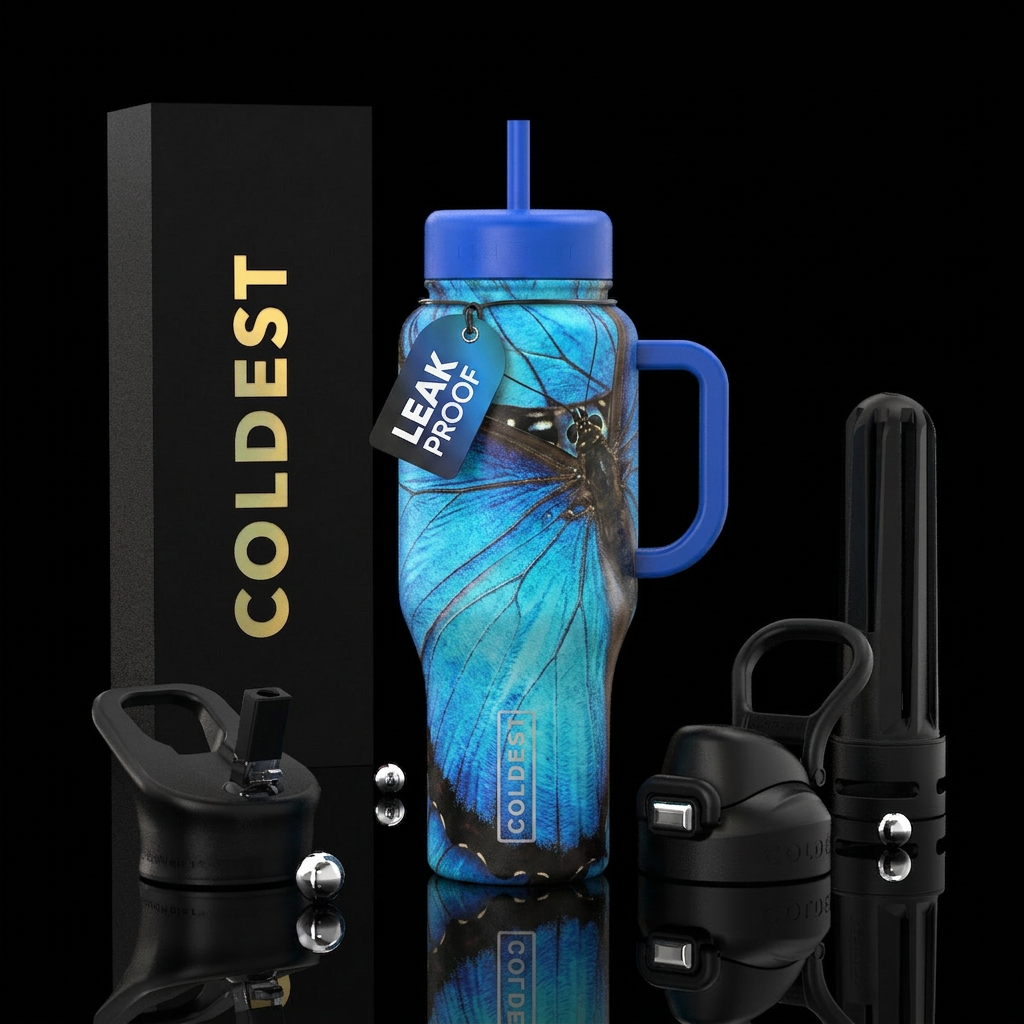Enlarged very detailed of a blue morpho butterfly,... water bottle design