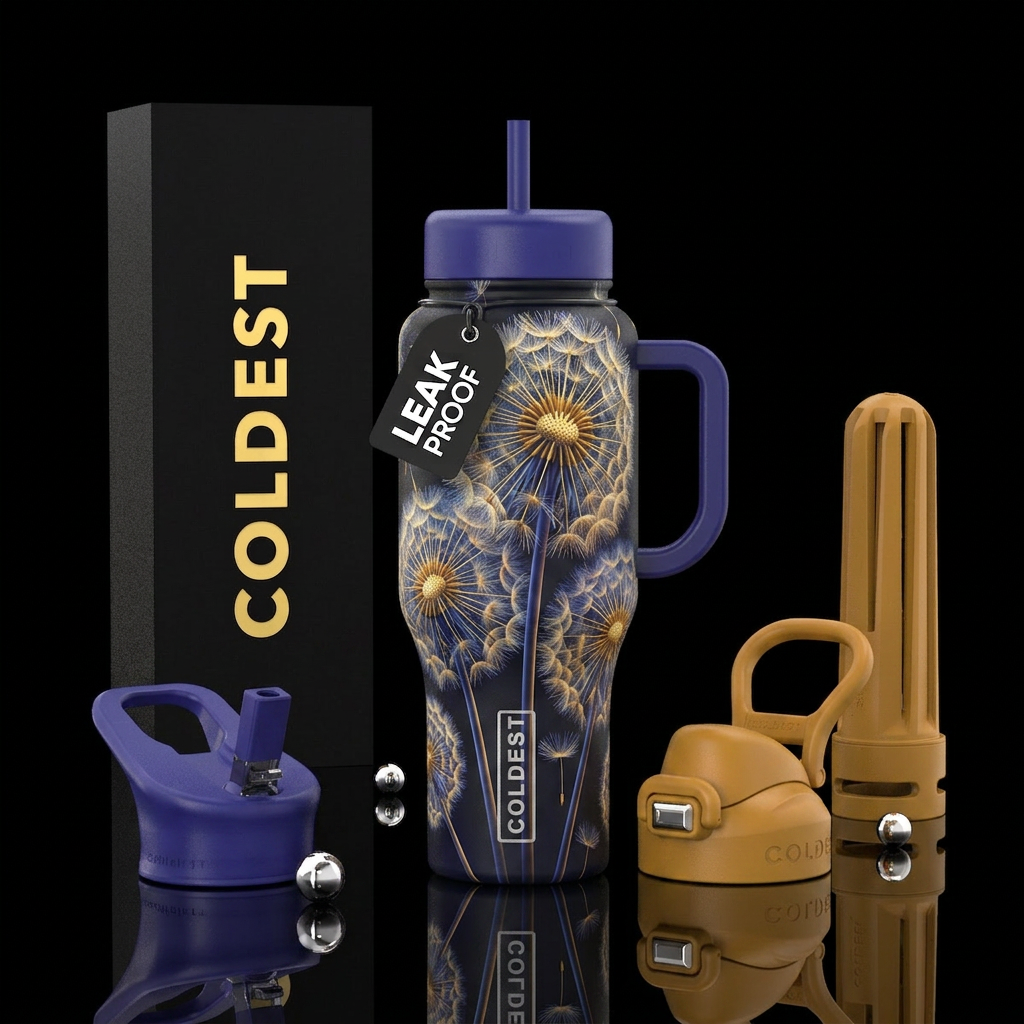 Very detailed magnified dandelion puff and stem water bottle design