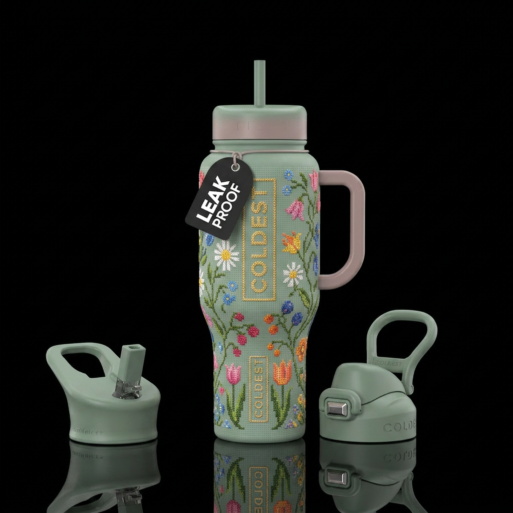 Stitched floral water bottle design