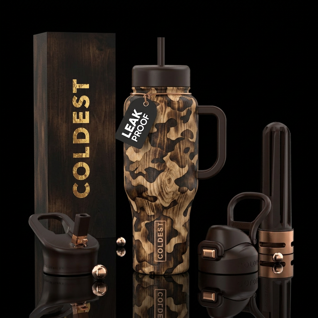 Burned camo water bottle design