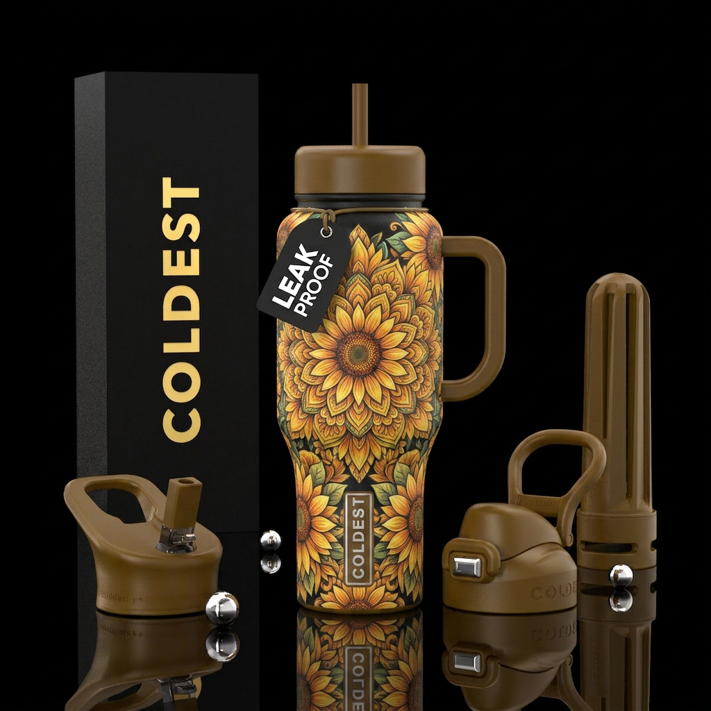 Mandela design using sunflowers, solid handle and ... water bottle design