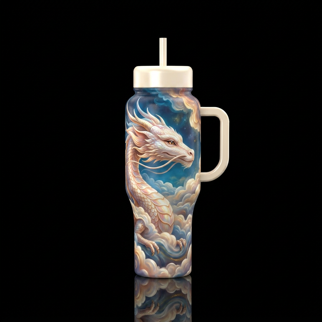 Falcor in the clouds, solid handle and lid water bottle design