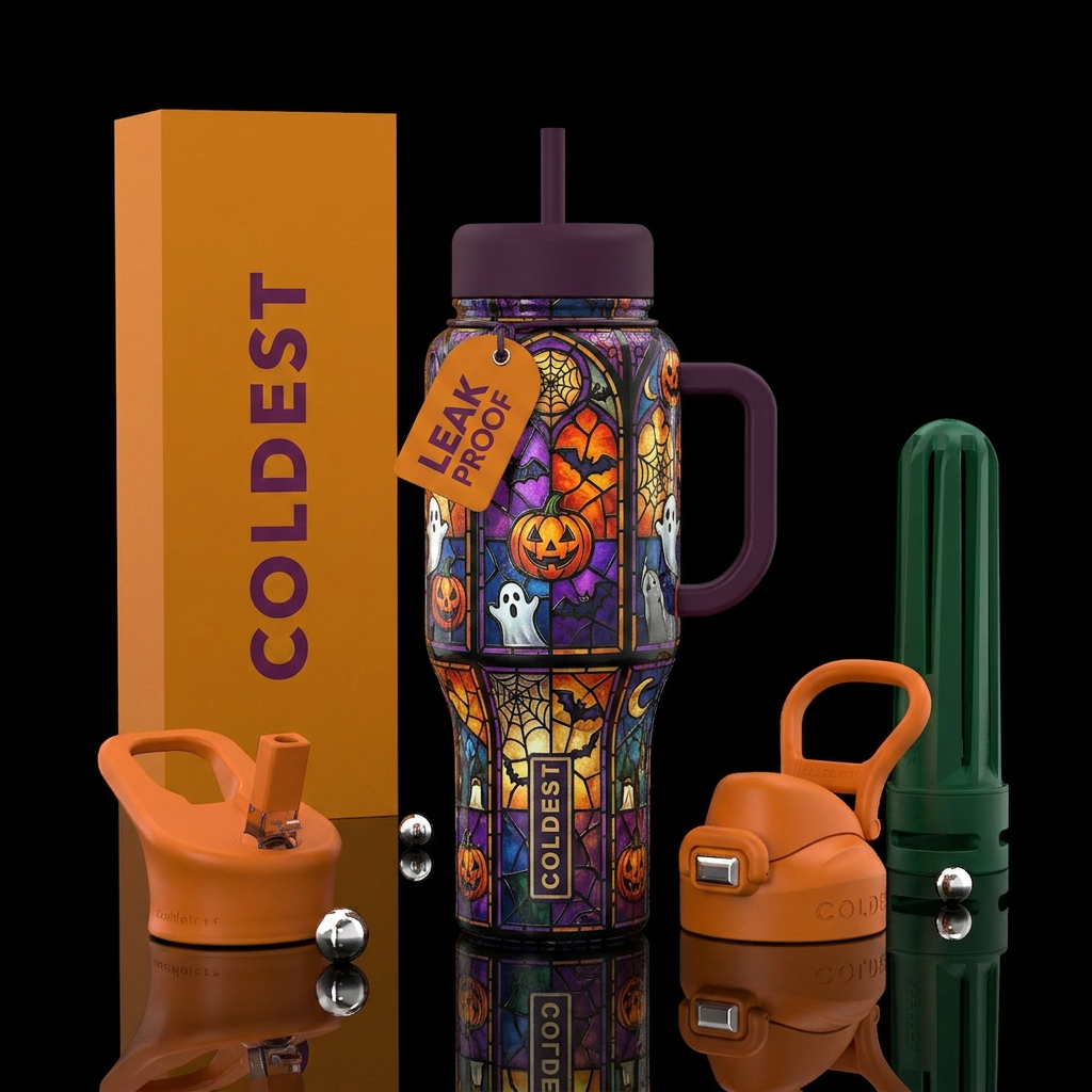 Stained glass windows depicting Halloween themes water bottle design