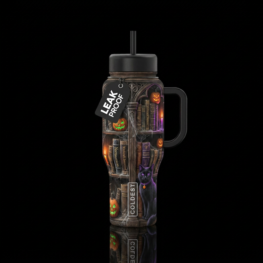 Spooky Halloween library with a black cat water bottle design