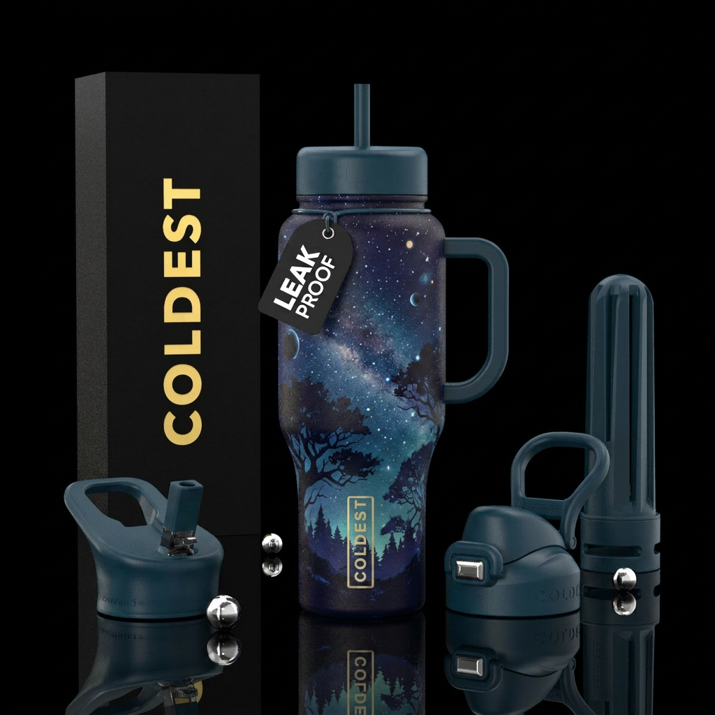 starry night, fantasy, trees, dark mood water bottle design