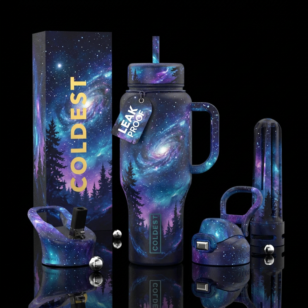 starry night, fantasy, trees, dark mood water bottle design