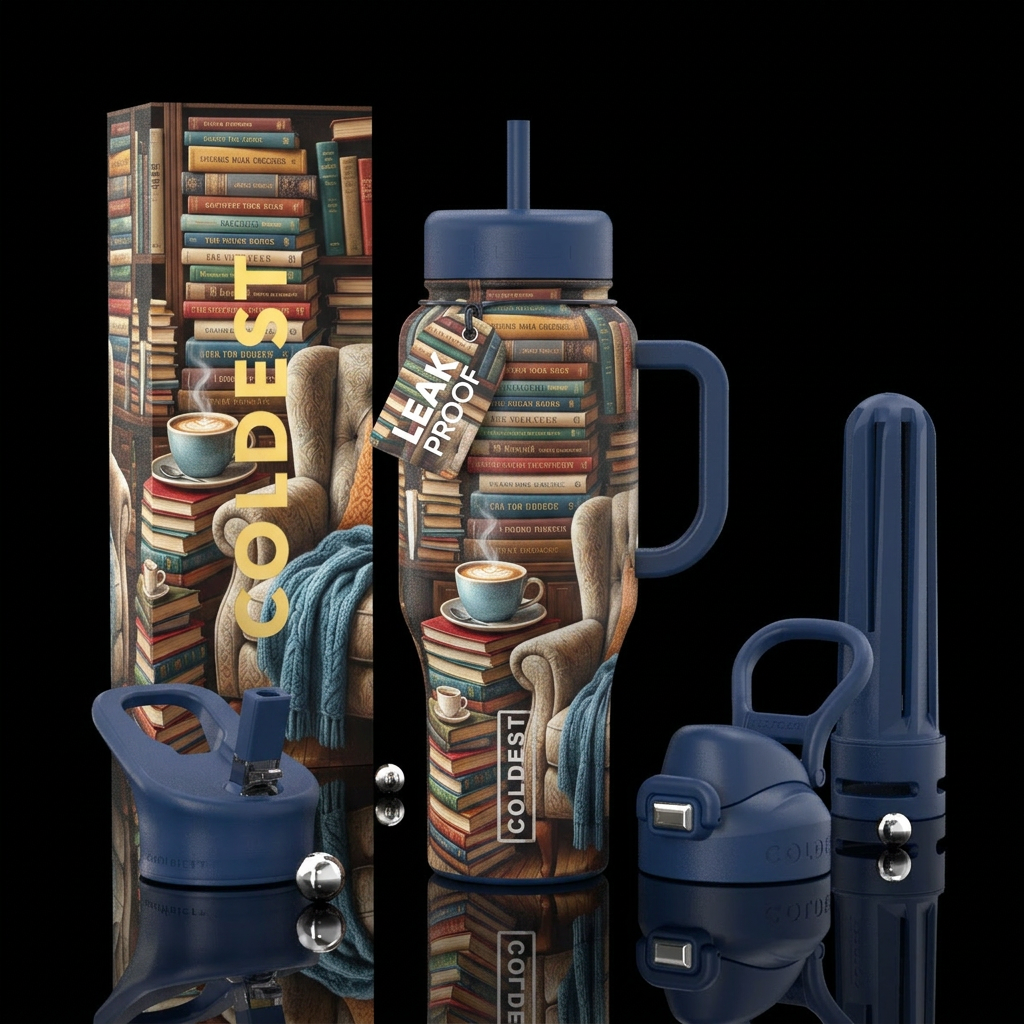 Stacks of books with cups of coffee and cozy chair... water bottle design