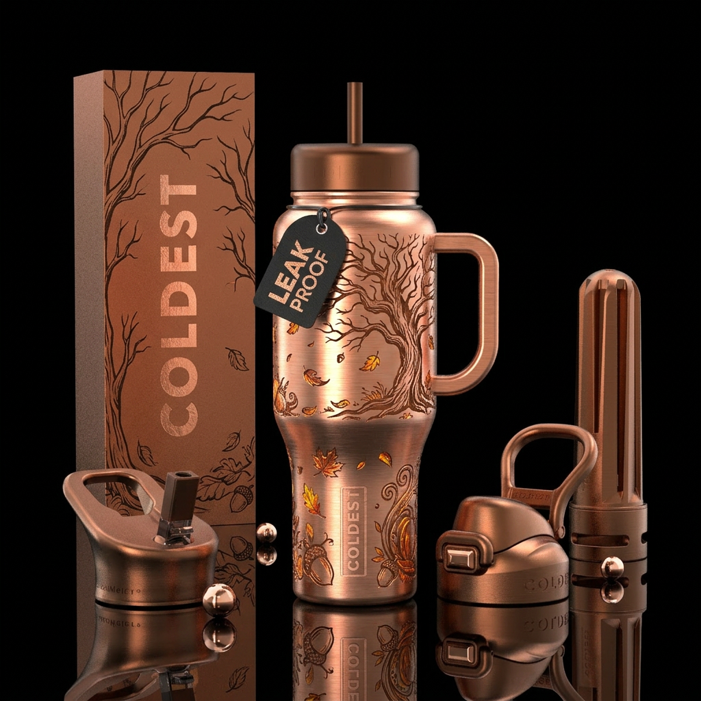 copper, autumn harvest, trees water bottle design