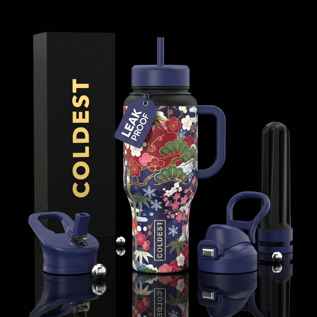 japanese, floral, winter water bottle design