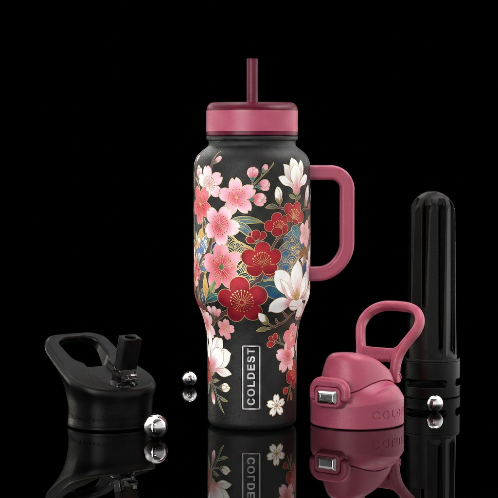 japanese, floral, spring water bottle design