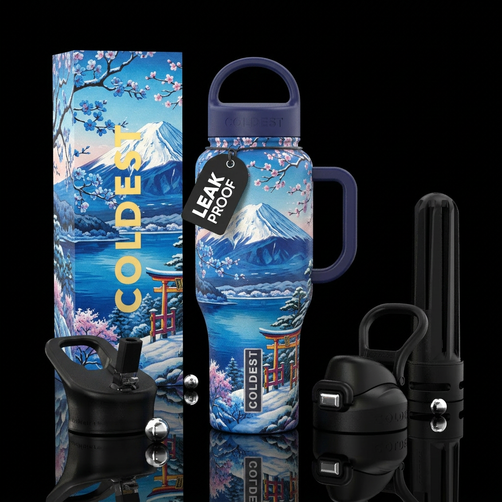 Mt Fuji in winter water bottle design