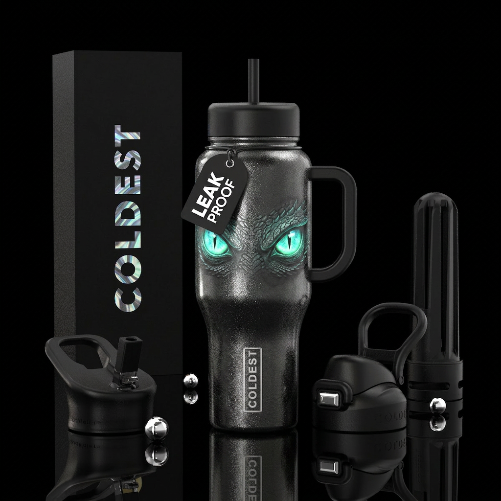 Glow in the dark dragon eyes on a shimmer black bo... water bottle design