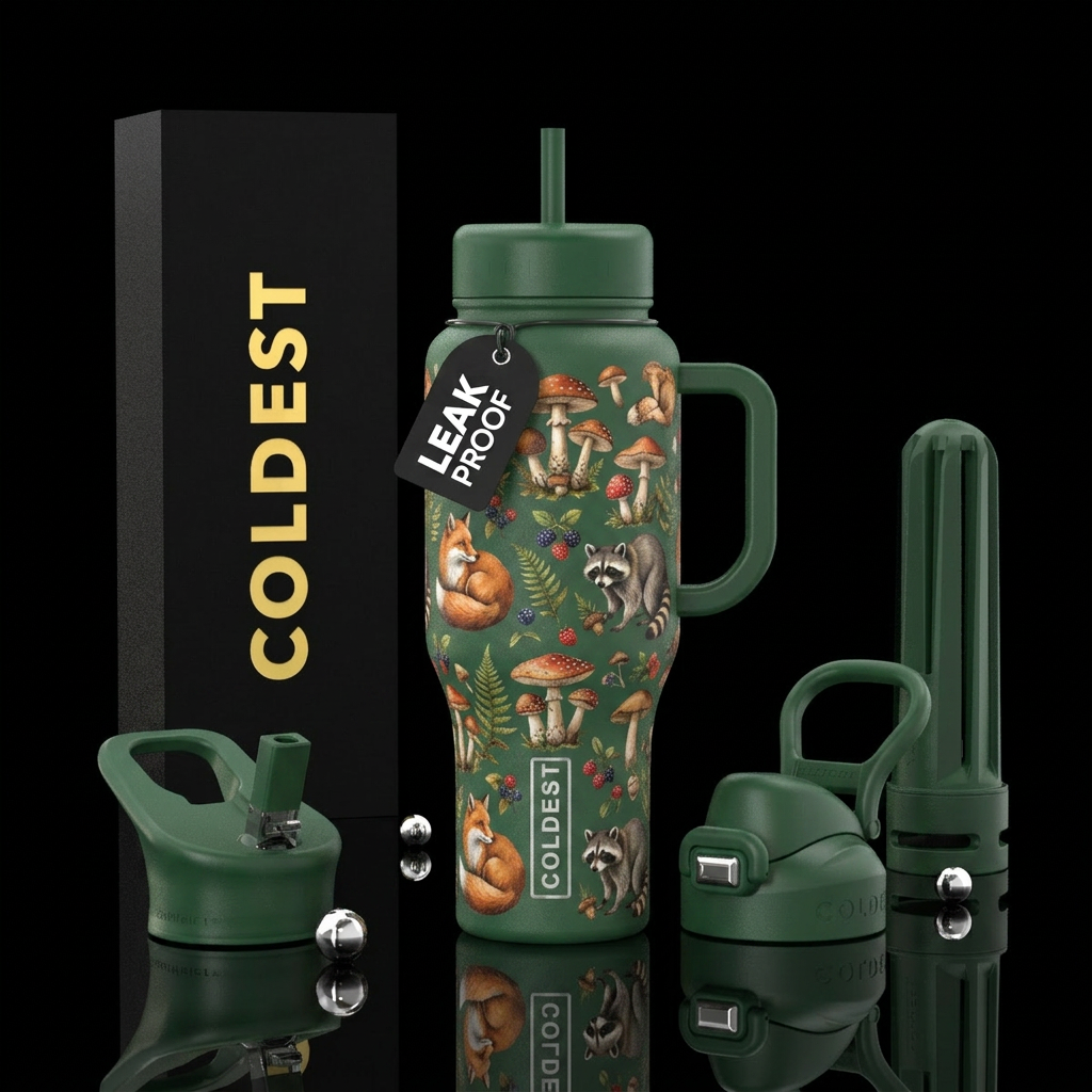 Cottagecore with mushrooms foxes and raccoons water bottle design