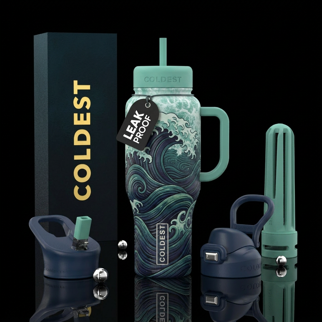 japanese, deep ocean, seafoam water bottle design