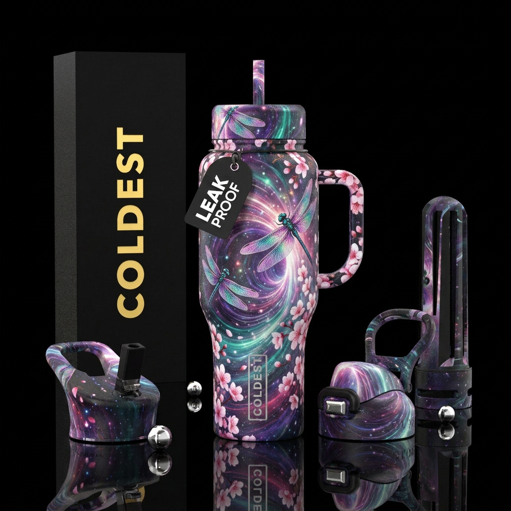 hyperspace, sakura, dragonfly water bottle design