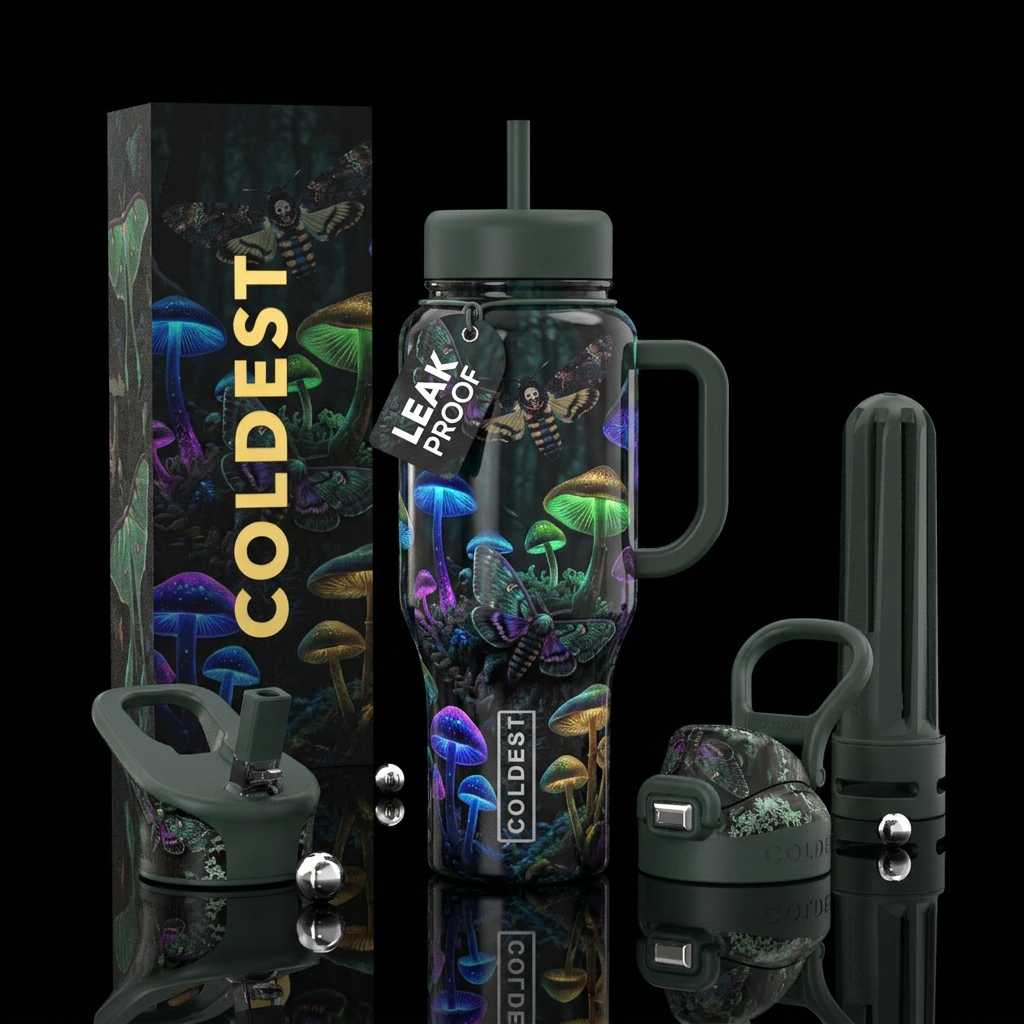 mushroom forest, dark mood, moths water bottle design