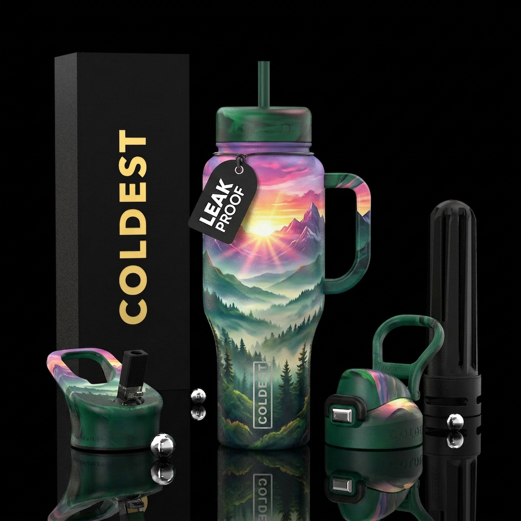 mountains, sunrise, misty forest water bottle design