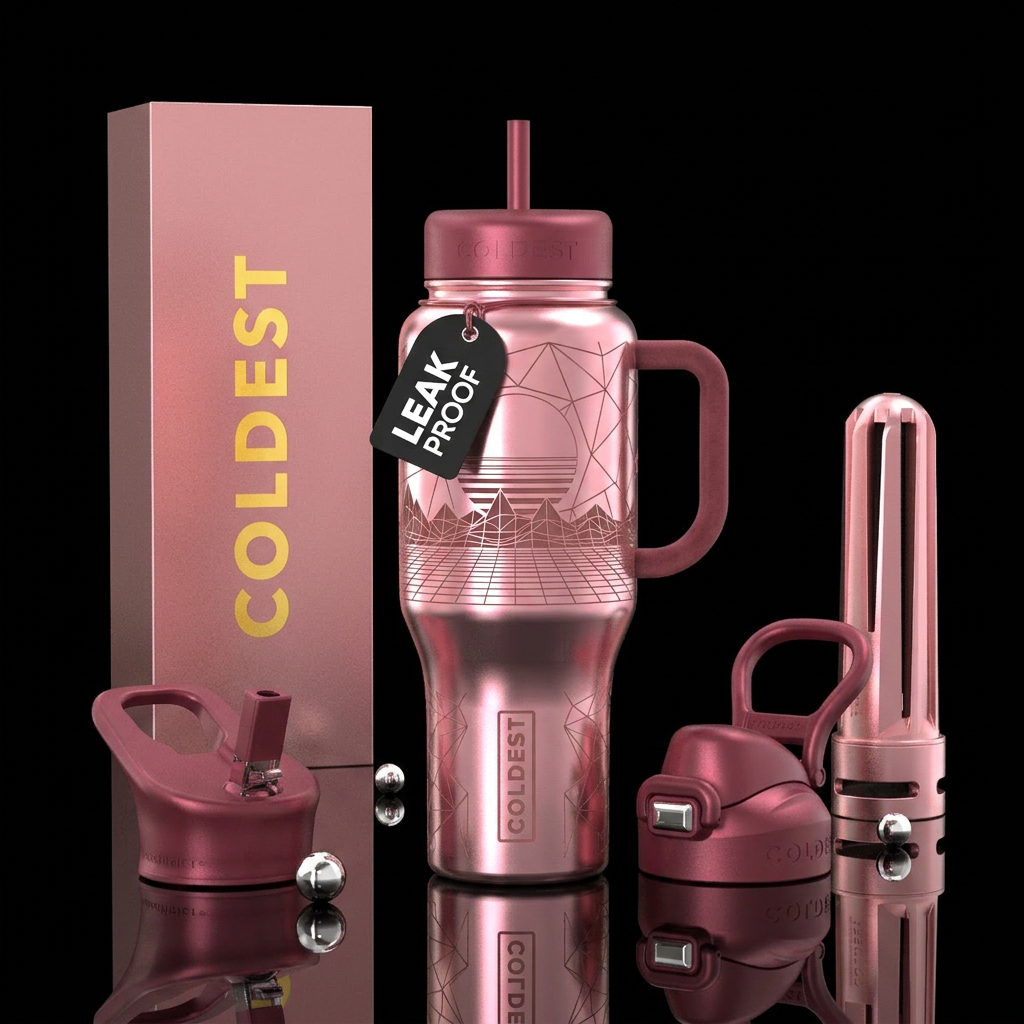 futuristic, vaporwave, rose gold water bottle design