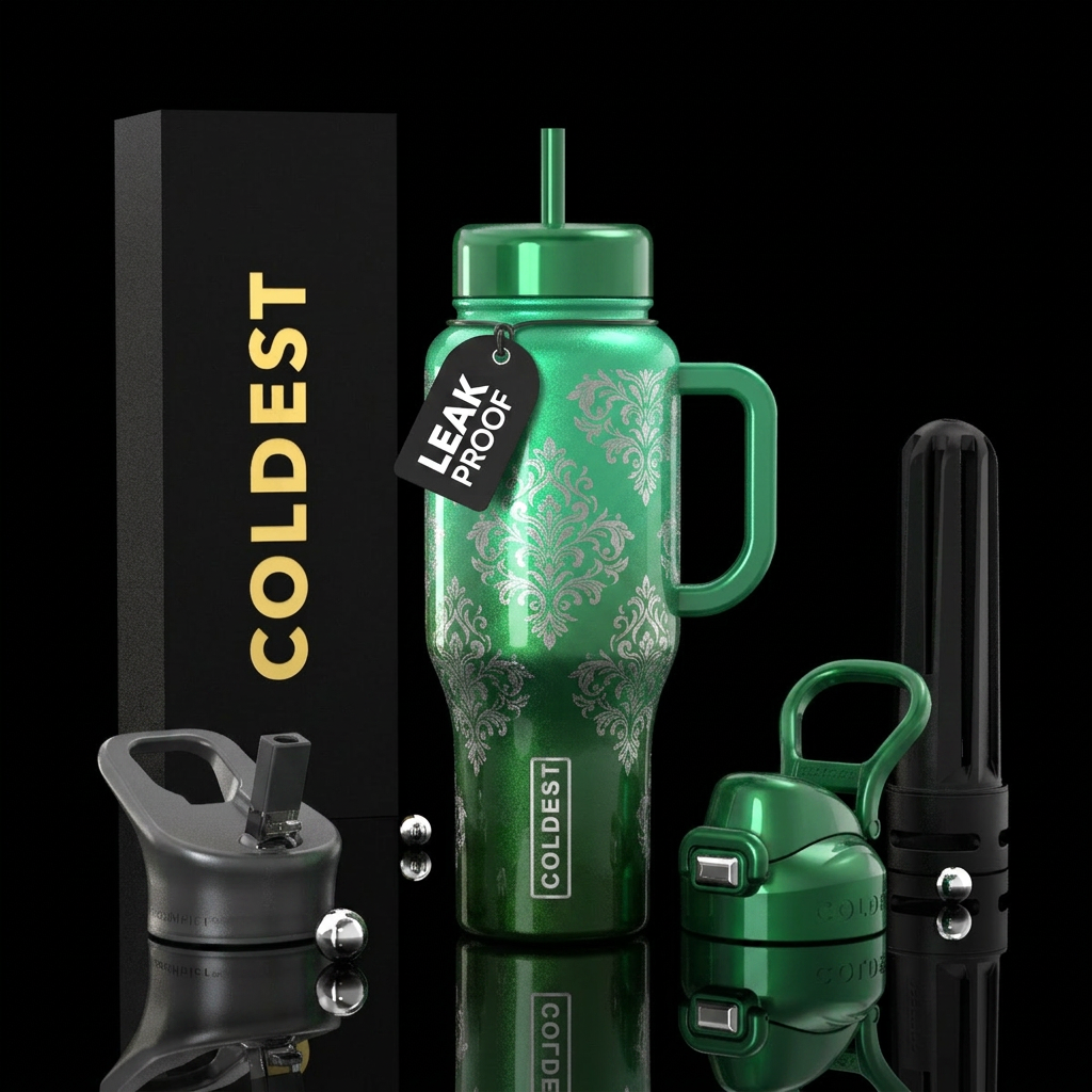 Silver damask, shiny emerald green and forest gree... water bottle design