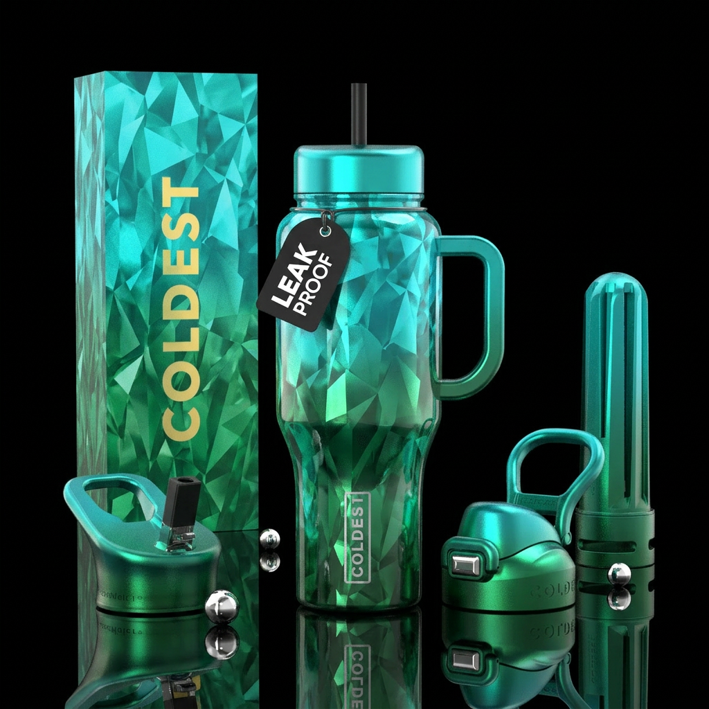 Crystalline green and teal ombre water bottle design