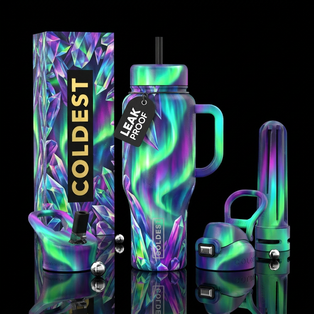 crystalline, northern lights water bottle design