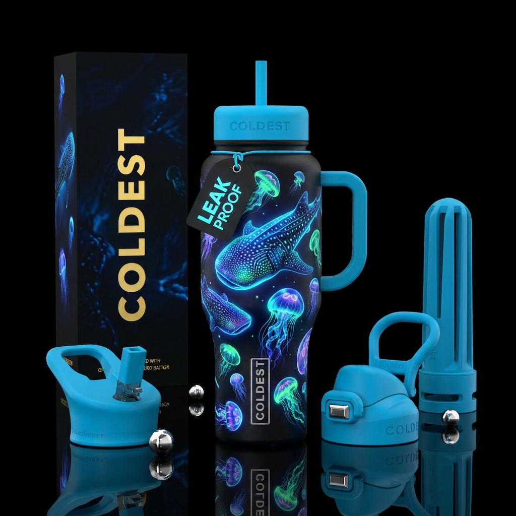 bioluminescent whale sharks and jelly fish water bottle design