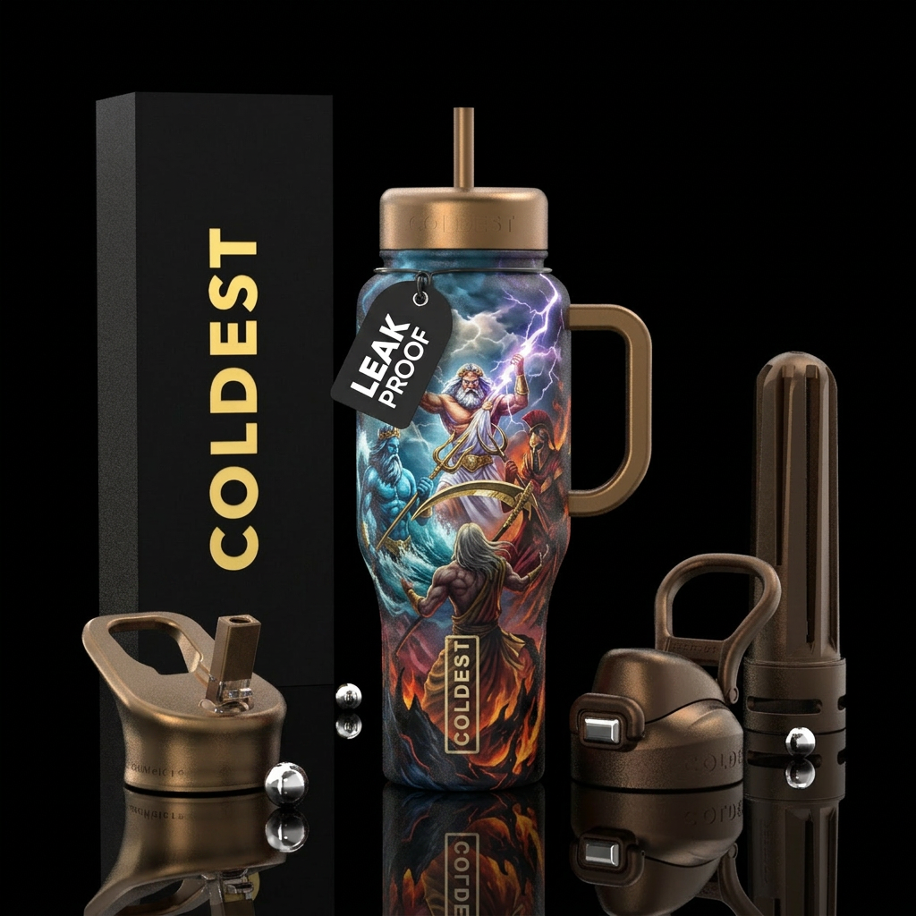 Zeus, poseidon, and hades fighting chronos water bottle design