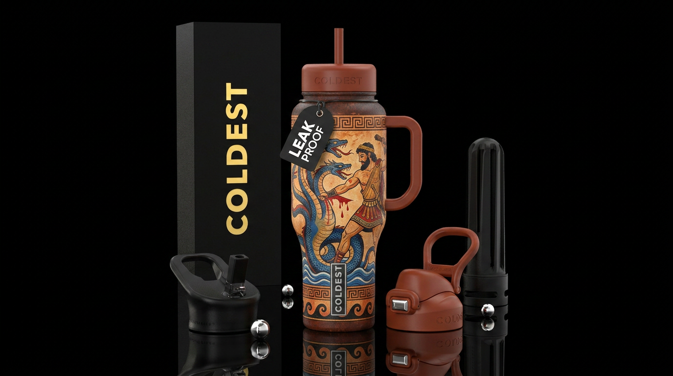 Hercules fighting the hydra like its painted on an... water bottle design