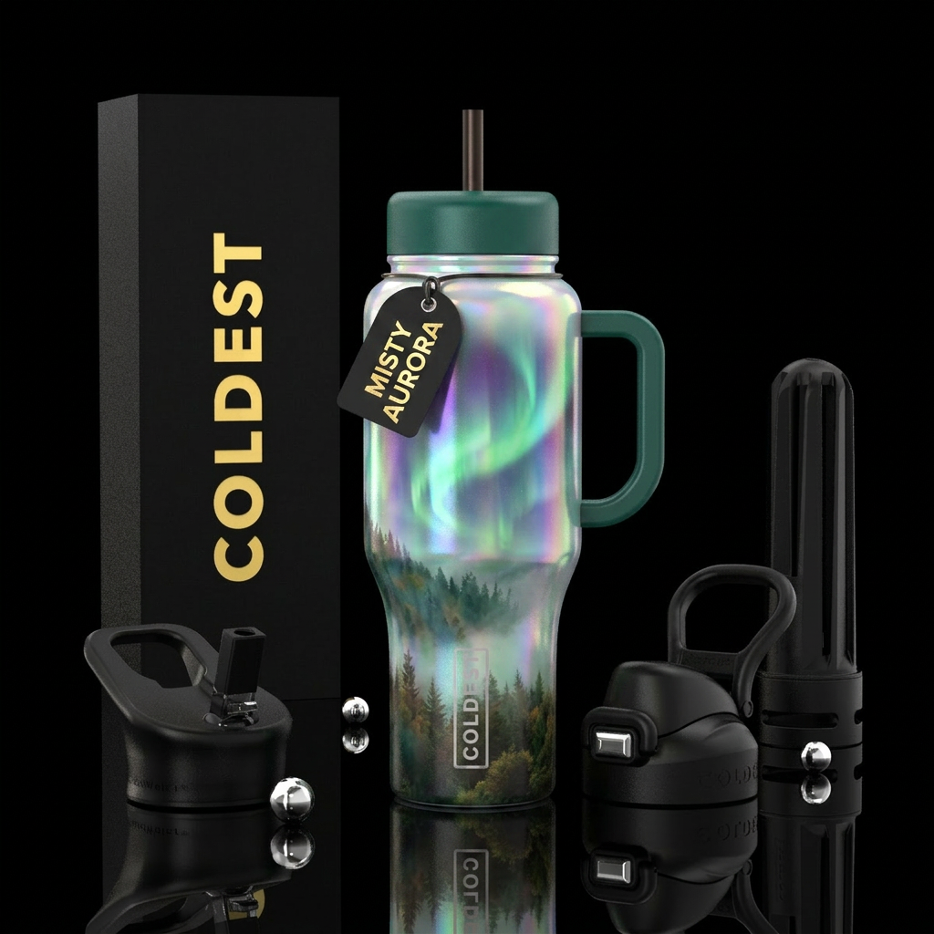 misty forest, northern lights, opalescent water bottle design