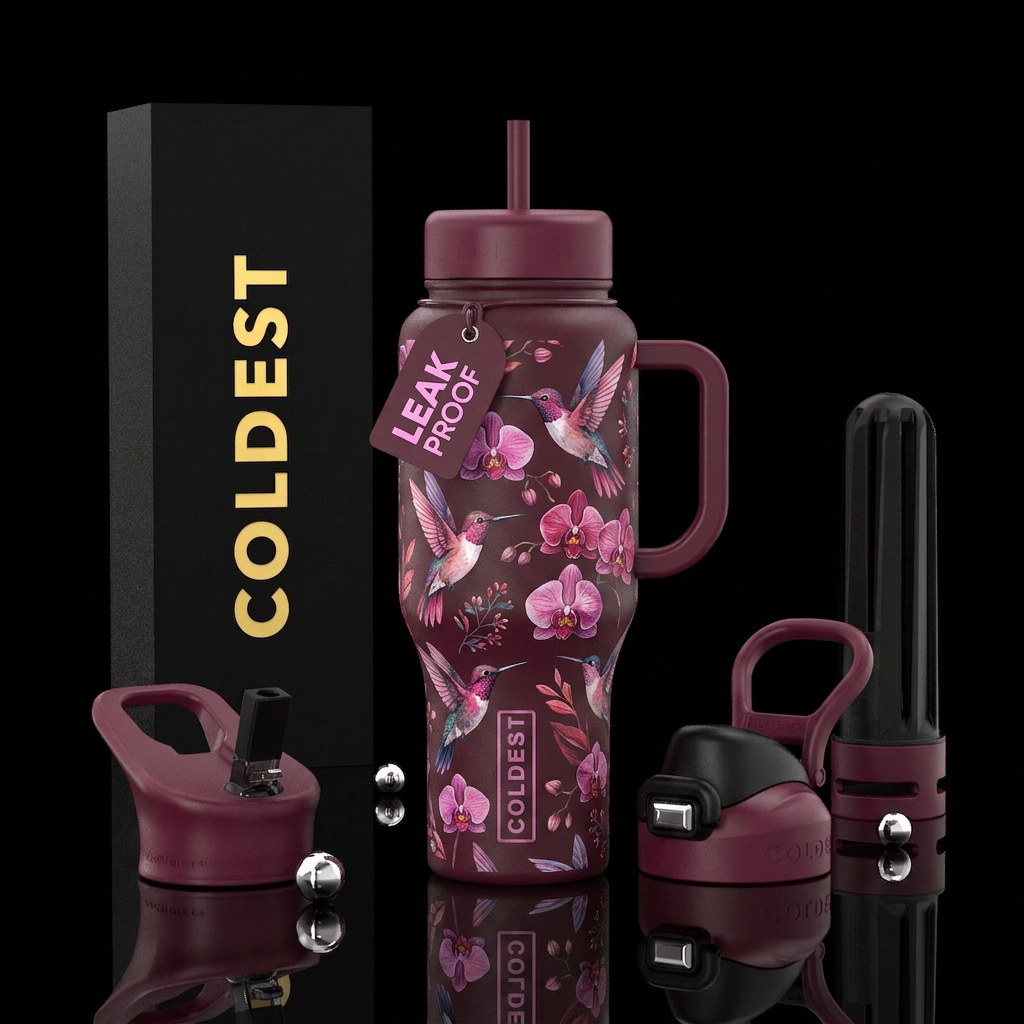maroon, orchid, hummingbird water bottle design