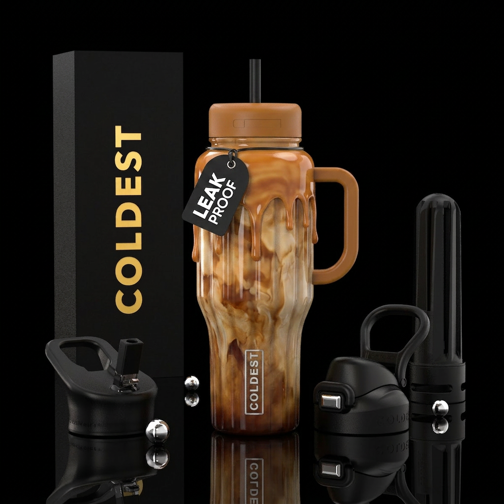 caramel, dripping, iced coffee water bottle design