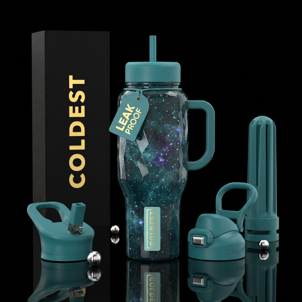 crystalline, galaxy, teal water bottle design