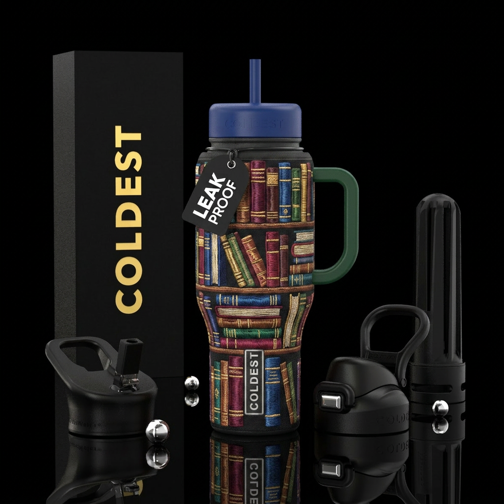 Books, embroidered, cozy water bottle design