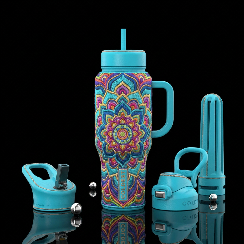 Embroidered mandala water bottle design