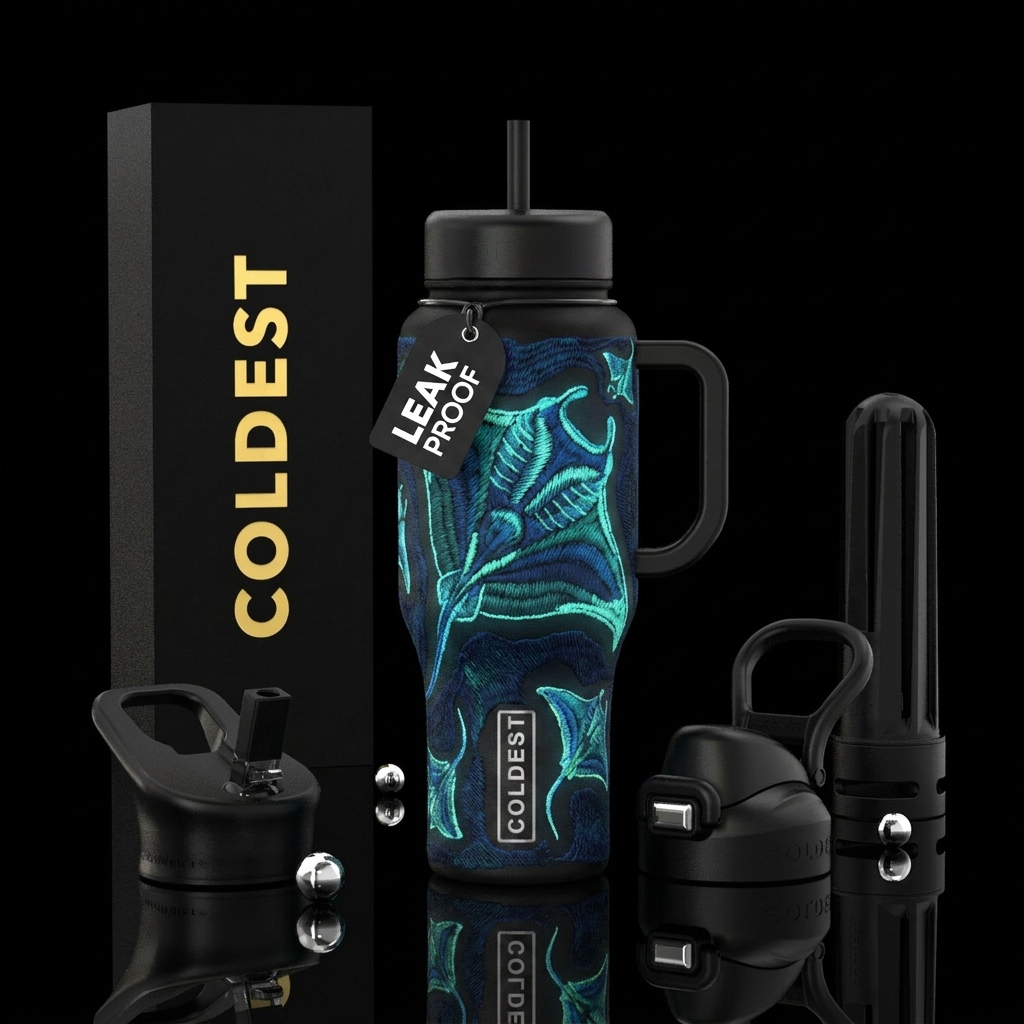 Embroidered manta ray glow in the dark water bottle design