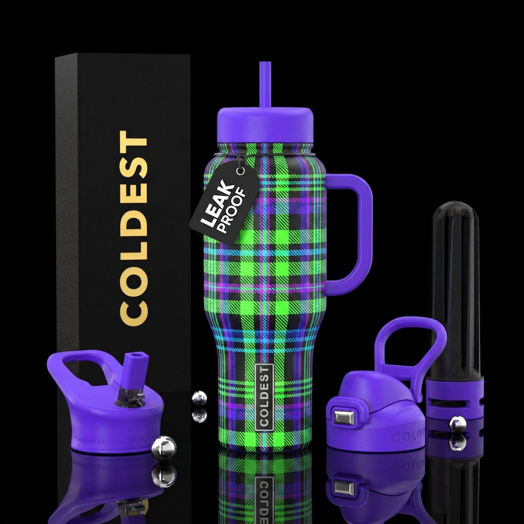 neon, tartan water bottle design