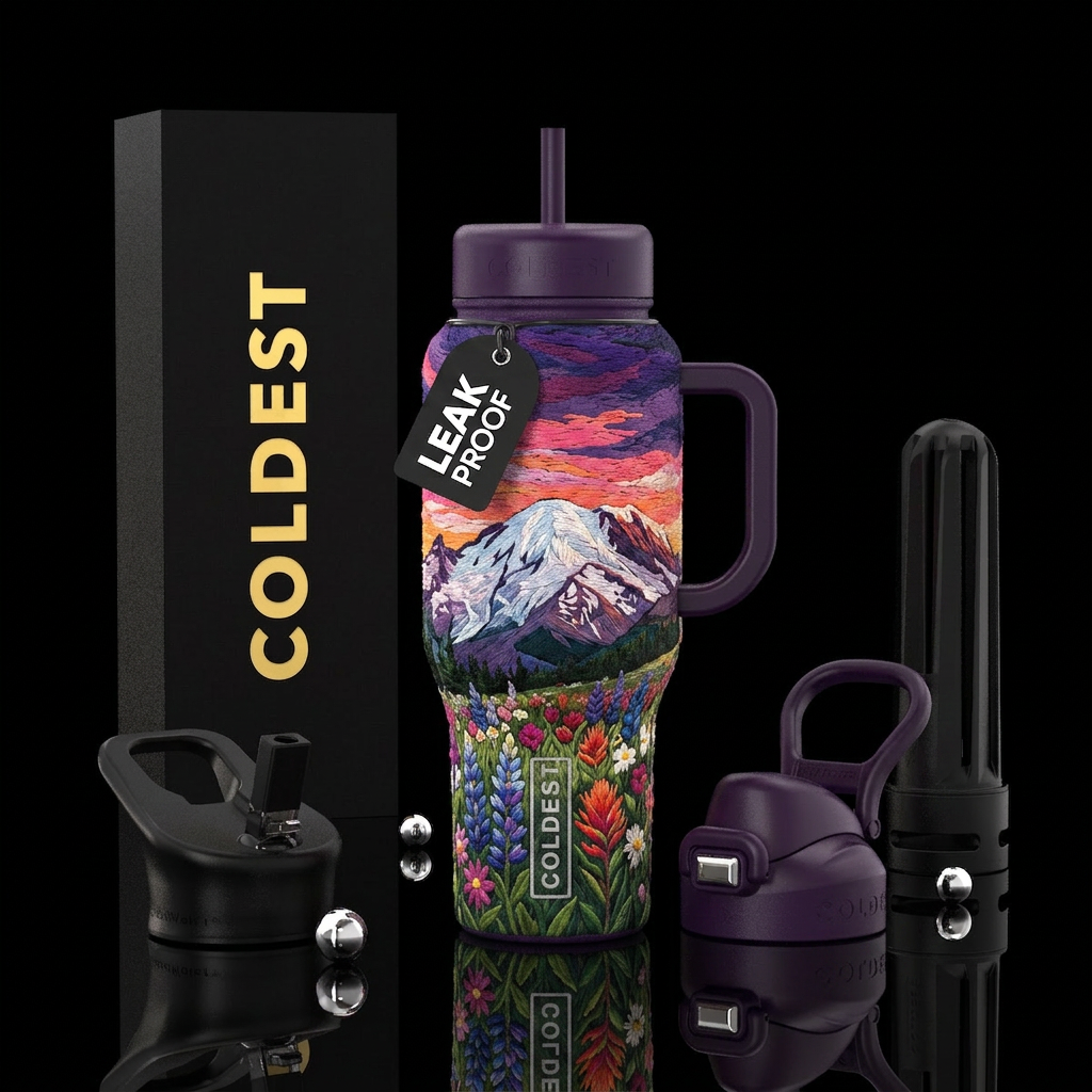 Embroidered Mt Rainier at sunset with wildflowers water bottle design