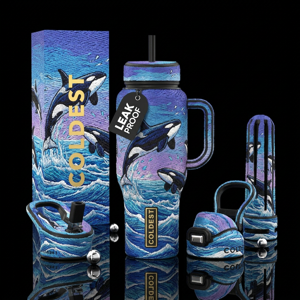 Embroidered orcas jumping out of the ocean water bottle design
