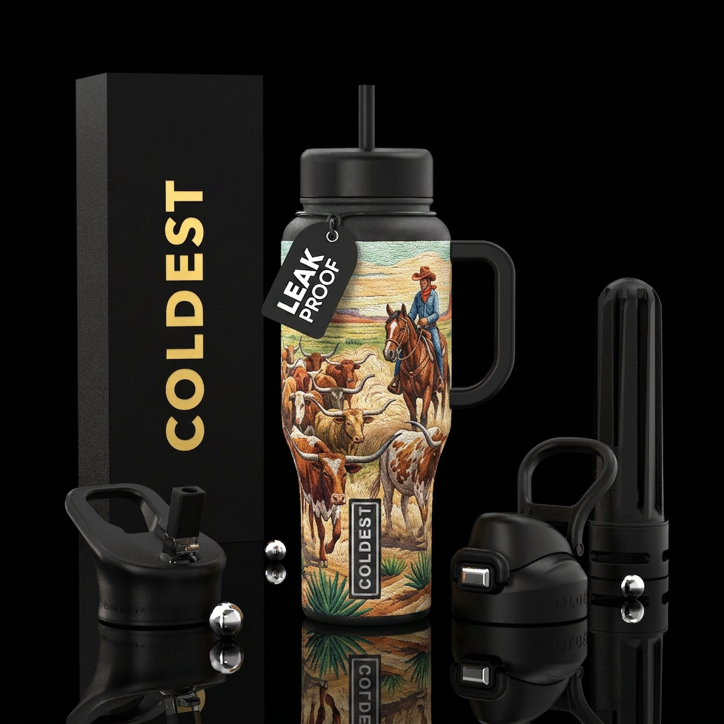 Embroidered cowboys herding cattle water bottle design