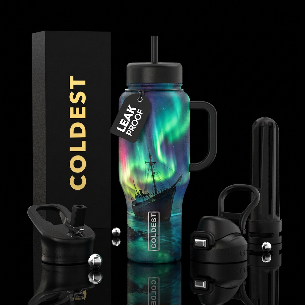 shipwreck, northern lights water bottle design