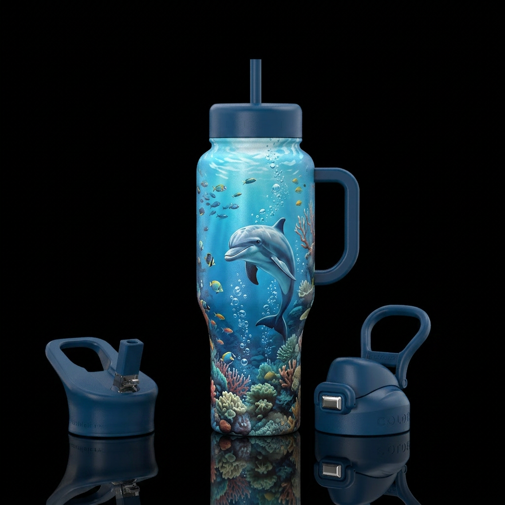 Underwater, illustration, bubbles, dolphin water bottle design
