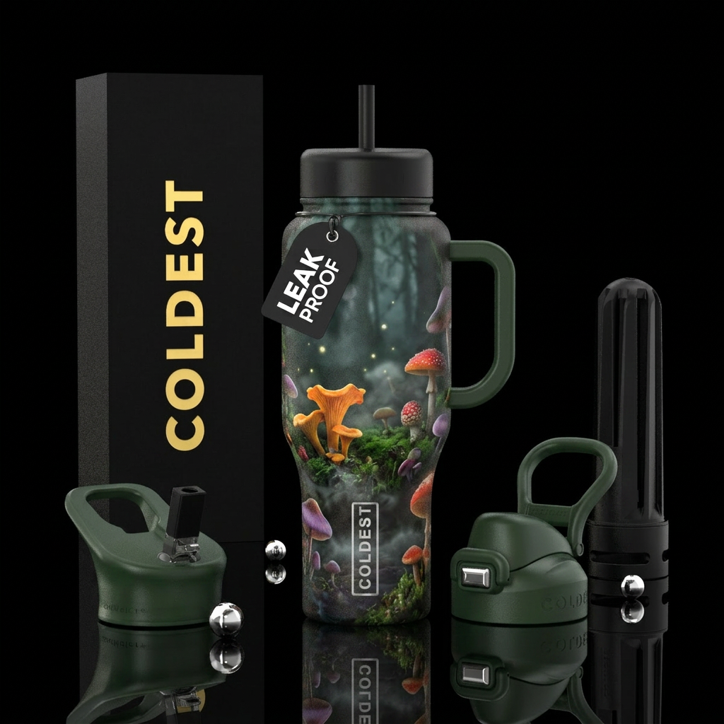 mushroom forest, foggy, dark mood water bottle design