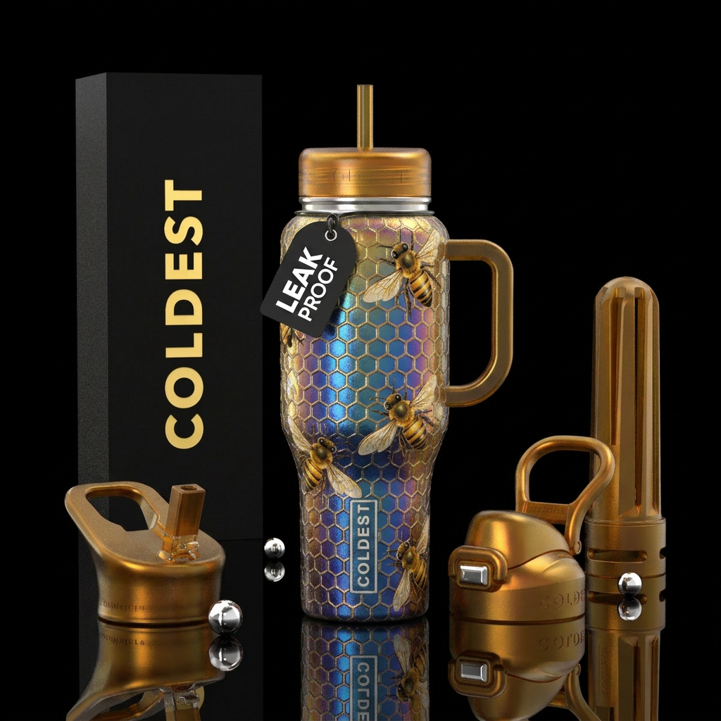 honeycomb, iridescent, bees water bottle design