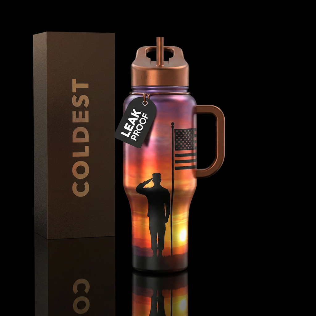 silhouette of a soldier saluting to the American f... water bottle design