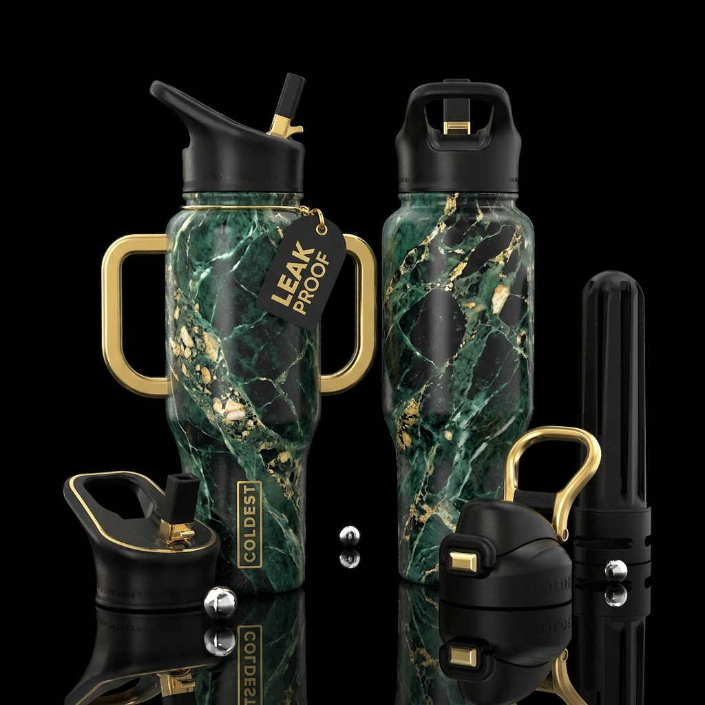 Emerald green and black marble with cream and gold... water bottle design