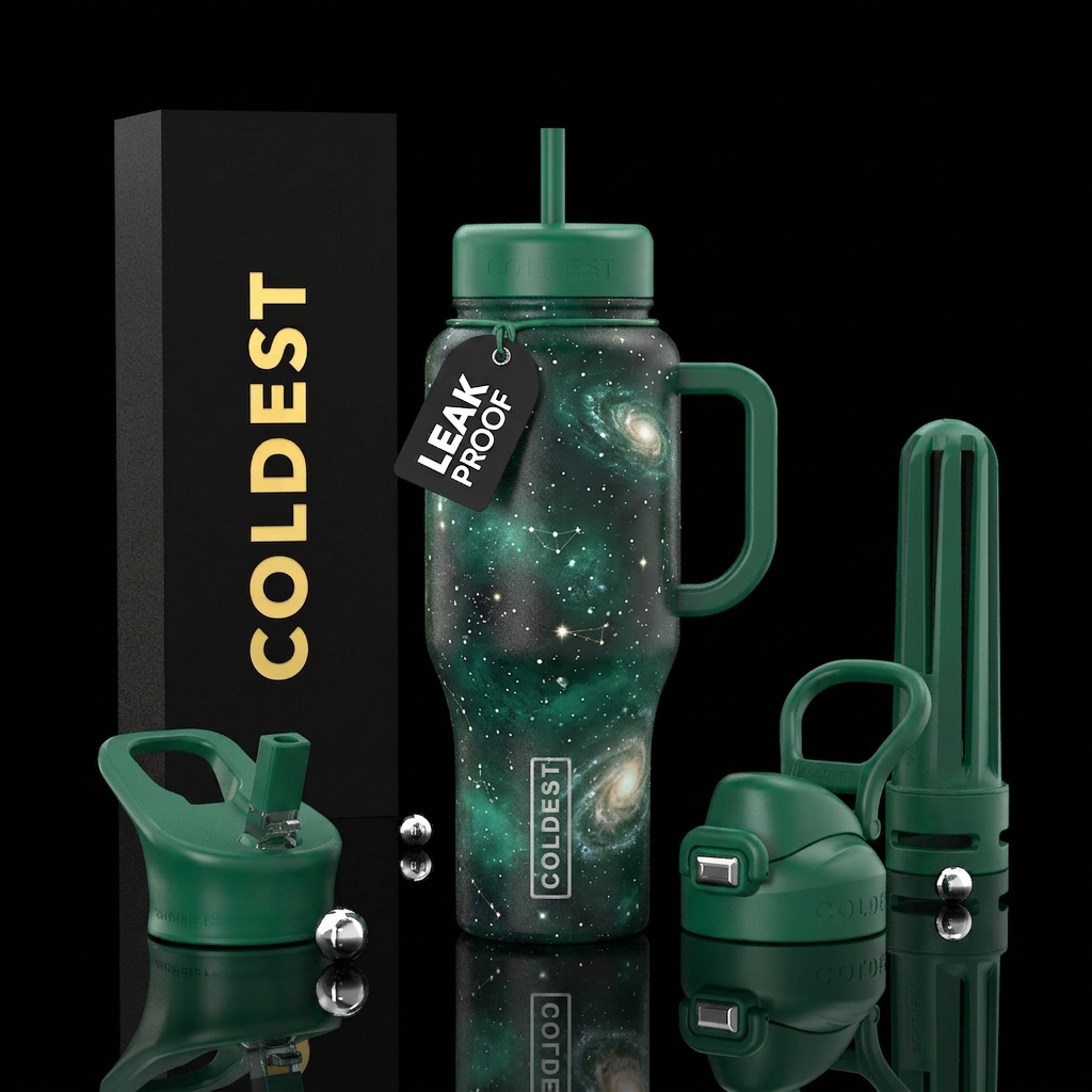 celestial, space, emerald water bottle design