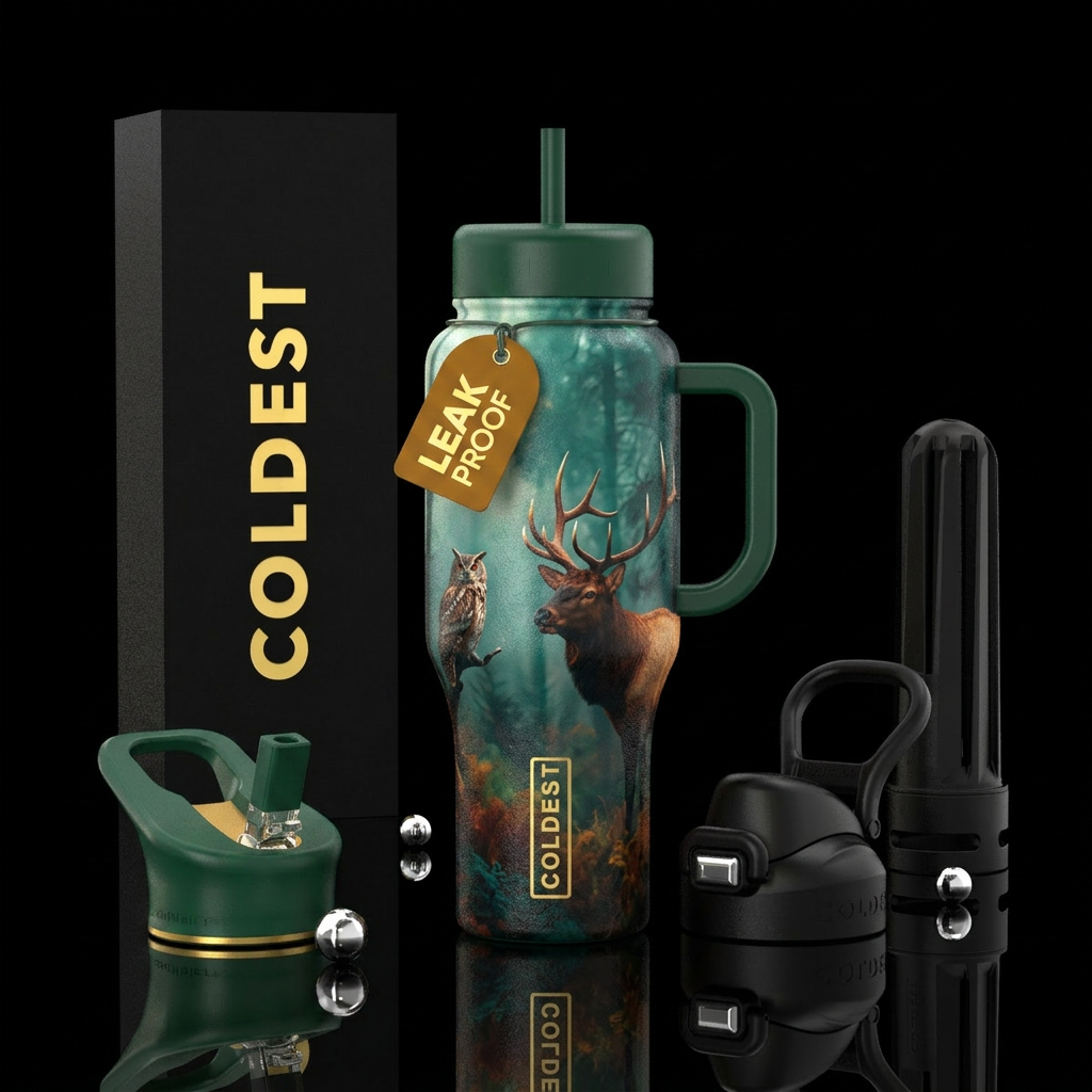 Foggy forest, elk, owl water bottle design