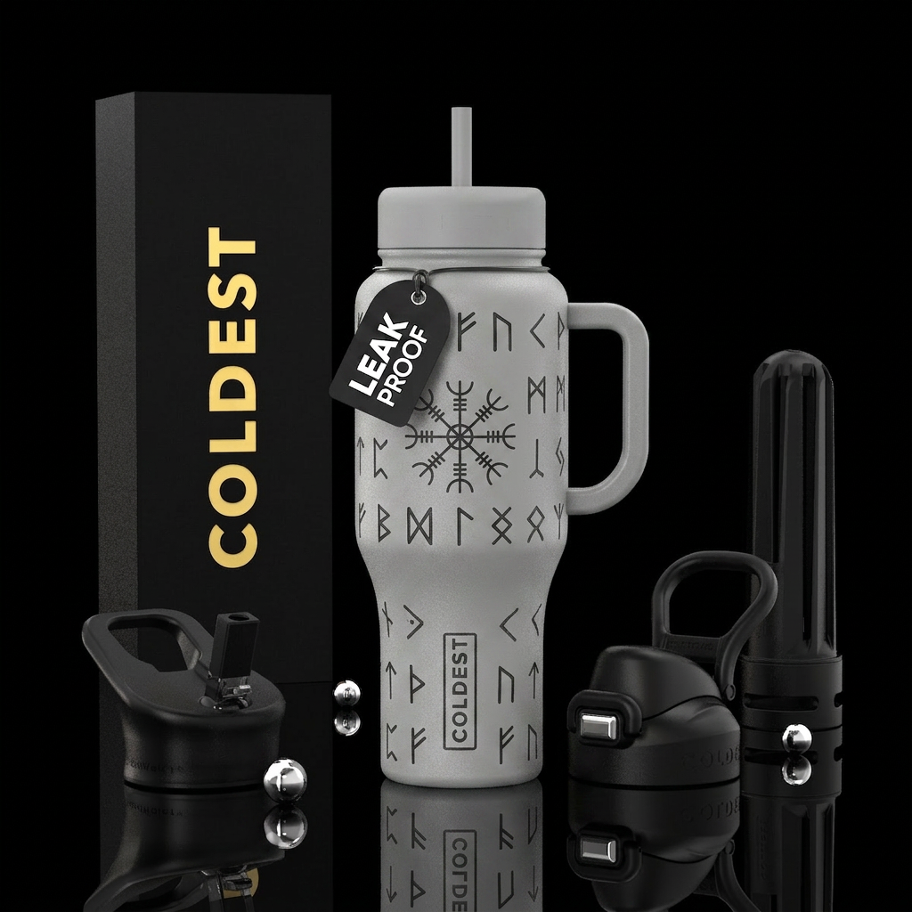 nordic runes in black on a light Grey bottle water bottle design