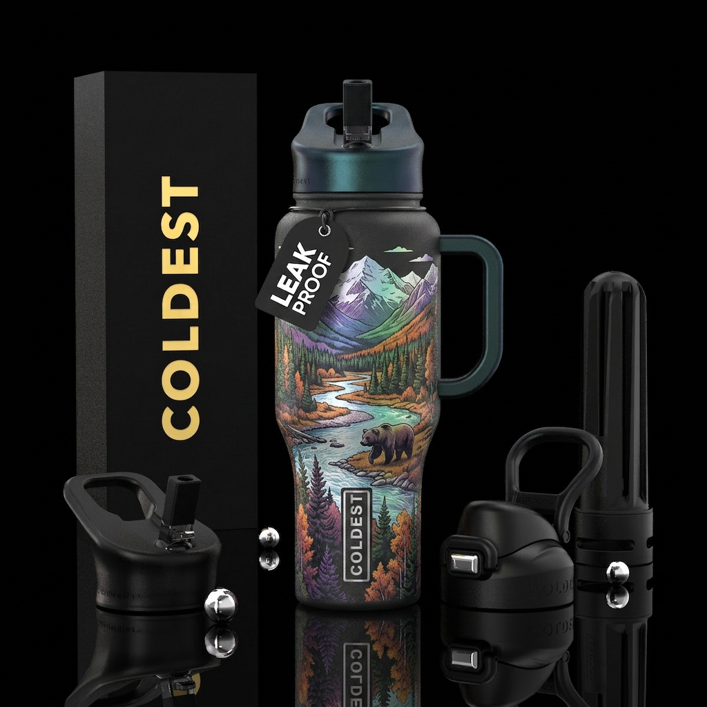 valley, bear, serene water bottle design