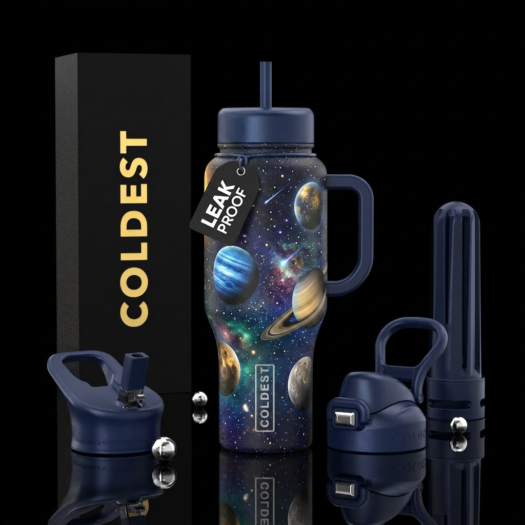 planets, starry sky, night time water bottle design